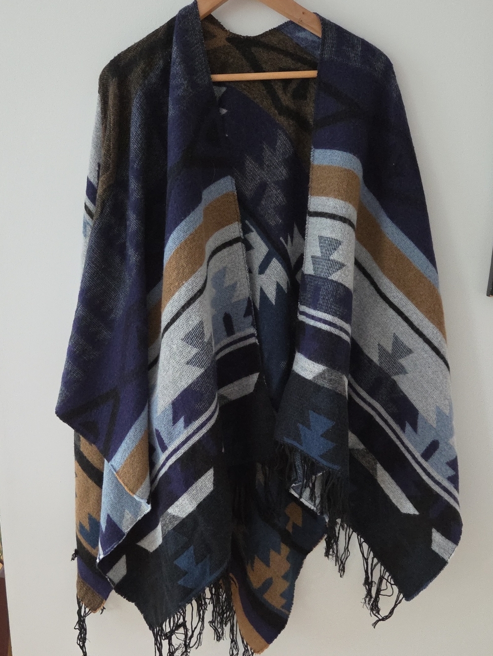 Reitmans Classic Aztec Knit Poncho Sweater - Navy, Black & Tan